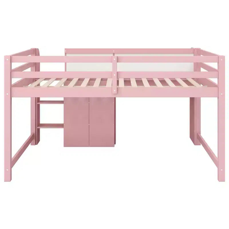 Lit mezzanine bas rose et blanc avec bureau, rangements et tableau blanc – Jumeau, 1 personne