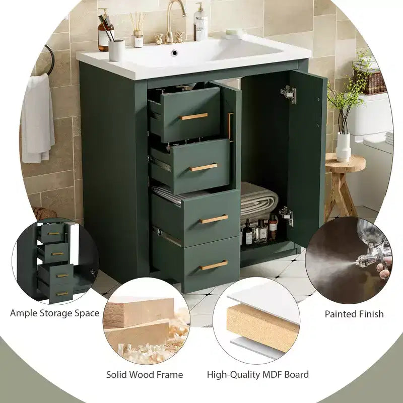 Meuble-lavabo de salle de bain 30 po avec armoire et 3 tiroirs – Noir / Bleu / Vert / Indigo / Blanc