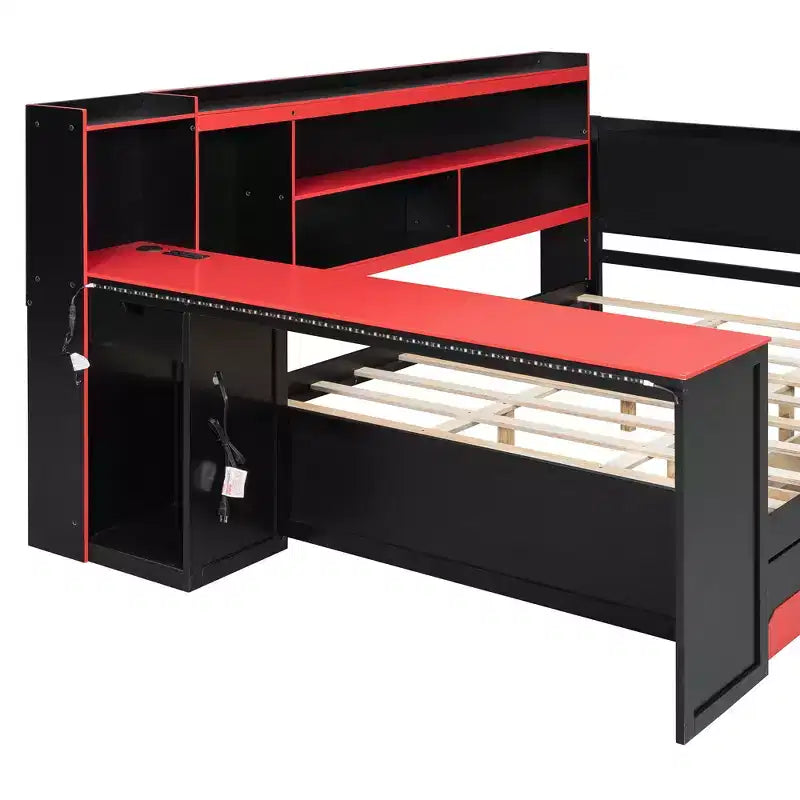 Lit de repos Gamer Hub avec bureau, lumières RGB, station de recharge, tiroirs de rangement et tête de lit bibliothèque