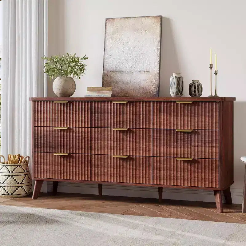 Commode cannelée à 9 tiroirs, commode moderne, meuble TV en bois, design à profil incurvé, pour salon, couloir
