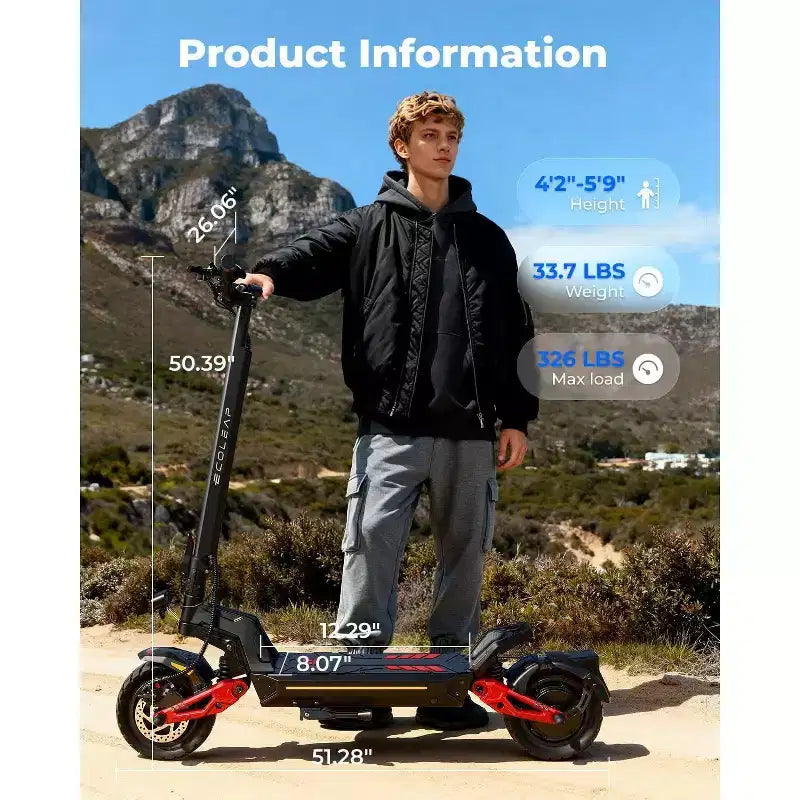 Trottinette électrique ECOLEAP L7 PRO pour adultes, double moteur de 4000W en crête, 70 km/h, autonomie de 120 km, double suspension, freins à disque avant et arrière, certifiée UL.