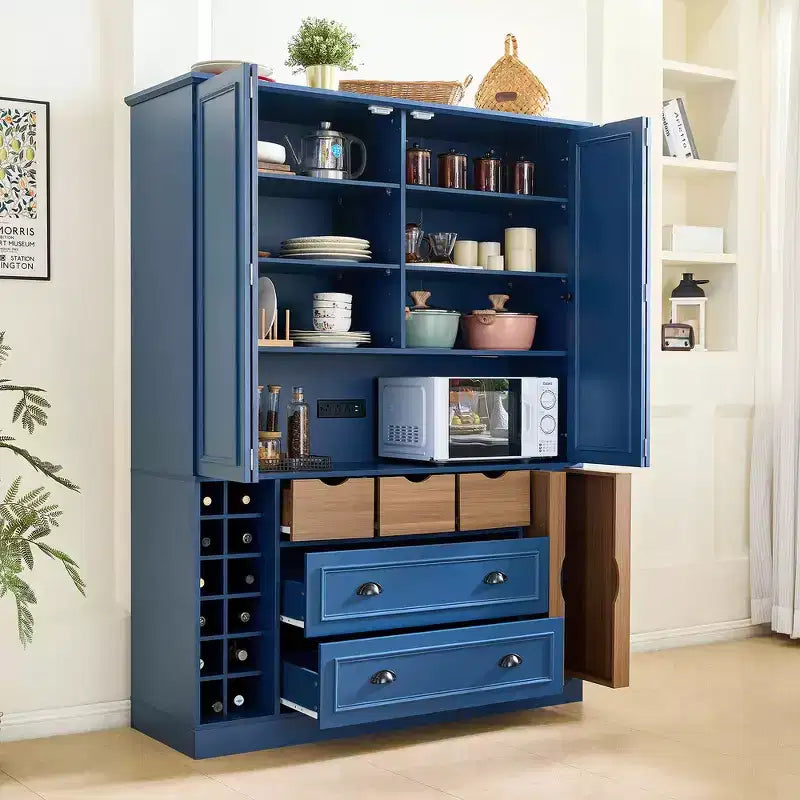 Garde-manger de cuisine autoportant Whisen de 180 cm de haut, grand buffet de salle à manger avec 4 portes pliantes, étagères, porte-bouteilles