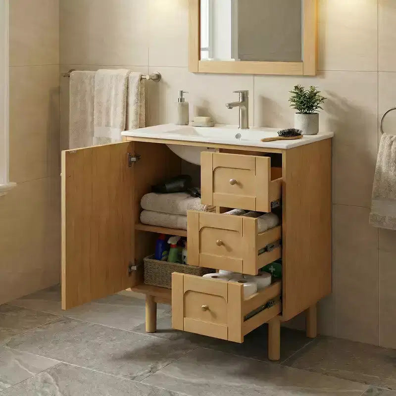 JVNOXK Meuble sous-vasque rustique moderne en céramique de 30 pouces avec 3 tiroirs et 1 grande porte à fermeture douce, meuble de rangement, grain de bois naturel
