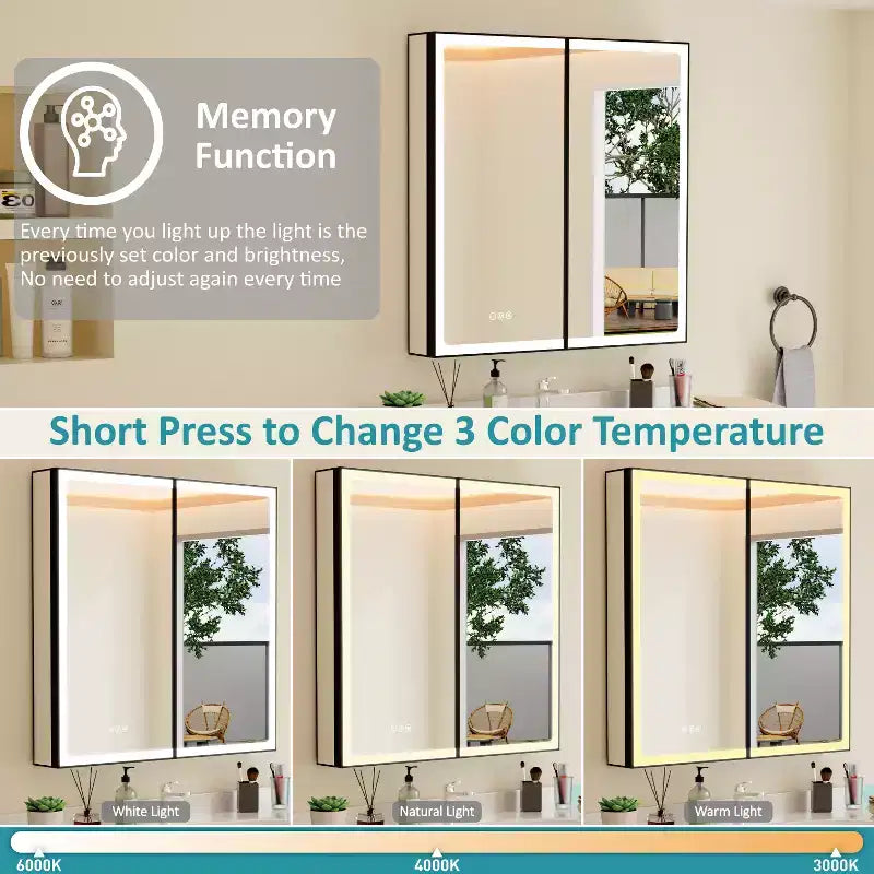 Armoire de toilette avec miroir LED, montage en saillie ou encastré, lumière dimmable, anti-buée, étagères réglables