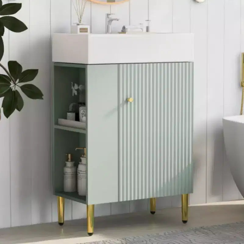Meuble-lavabo de salle de bain blanc de 21,6 po, ensemble avec meuble de rangement, vasque en céramique simple, rangement à gauche