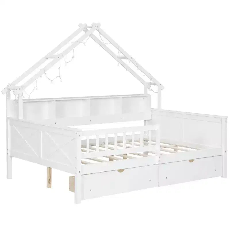 Cadre de lit maison pleine grandeur avec tiroirs, lit plate-forme maison avec lumières LED, étagères de rangement et tiroirs, lit de repos en bois avec toit et garde-corps