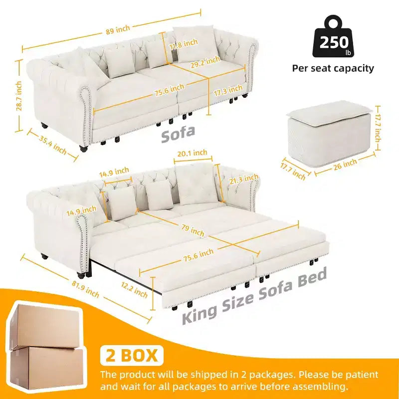 Canapé-lit gigogne 3-en-1 King Size Whisen Velvet et canapé convertible avec pouf mobile, design capitonné