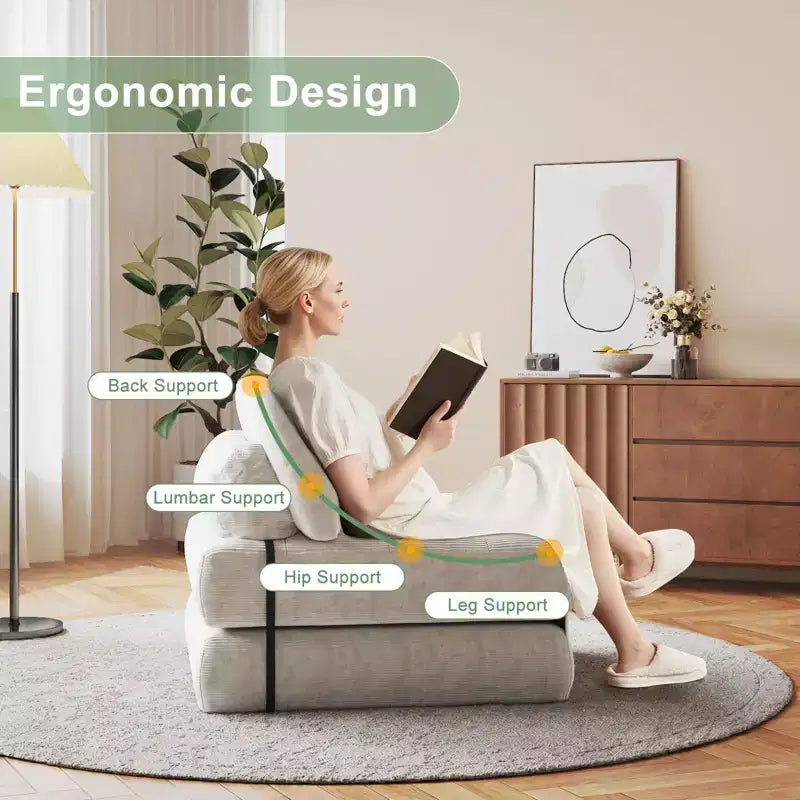 Canapé-lit futon pliant entièrement en velours côtelé, chaise de couchage convertible au sol avec oreiller et dossier