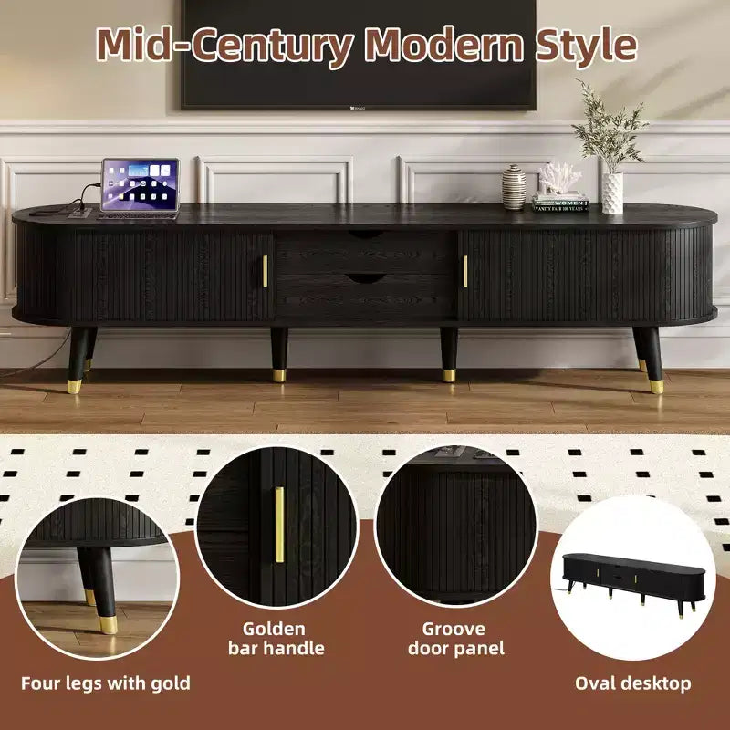 CLIHOME Meuble TV et table basse de ferme en bois avec station de recharge, console multimédia ovale cannelée pour TV jusqu'à 80 pouces