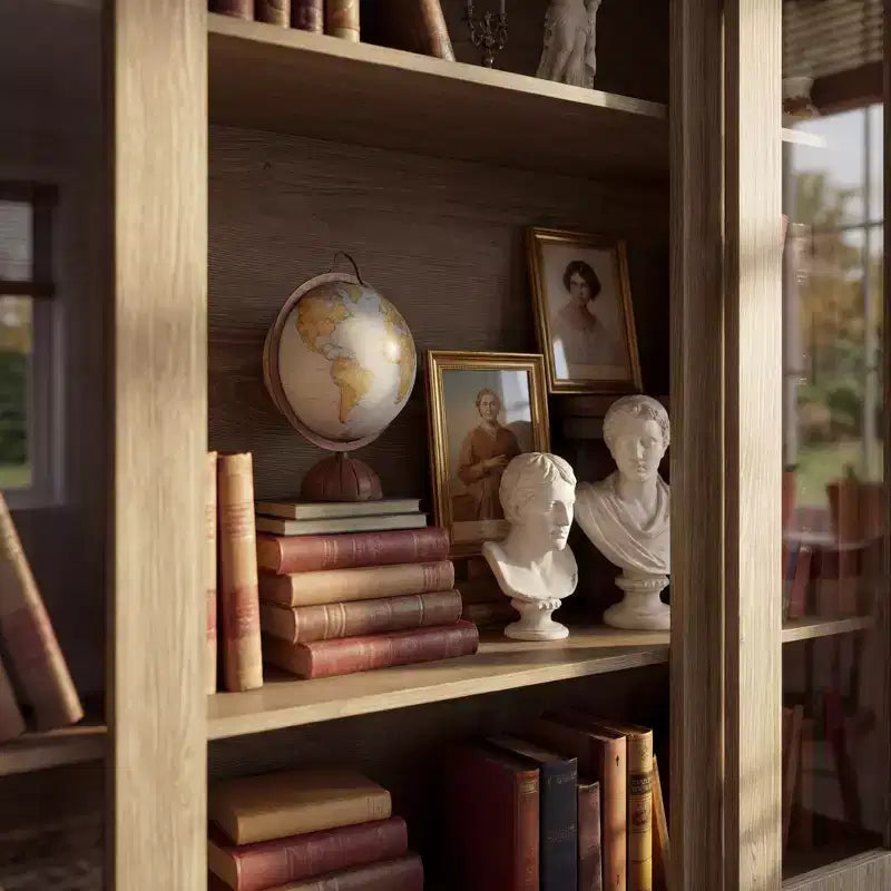Bibliothèque-vitrine Famapy Chêne Clair : 63cm de large, Portes Coulissantes en Verre + Tiroir de Rangement Organisateur Spacieux pour Bibliothèques à Domicile et Salons