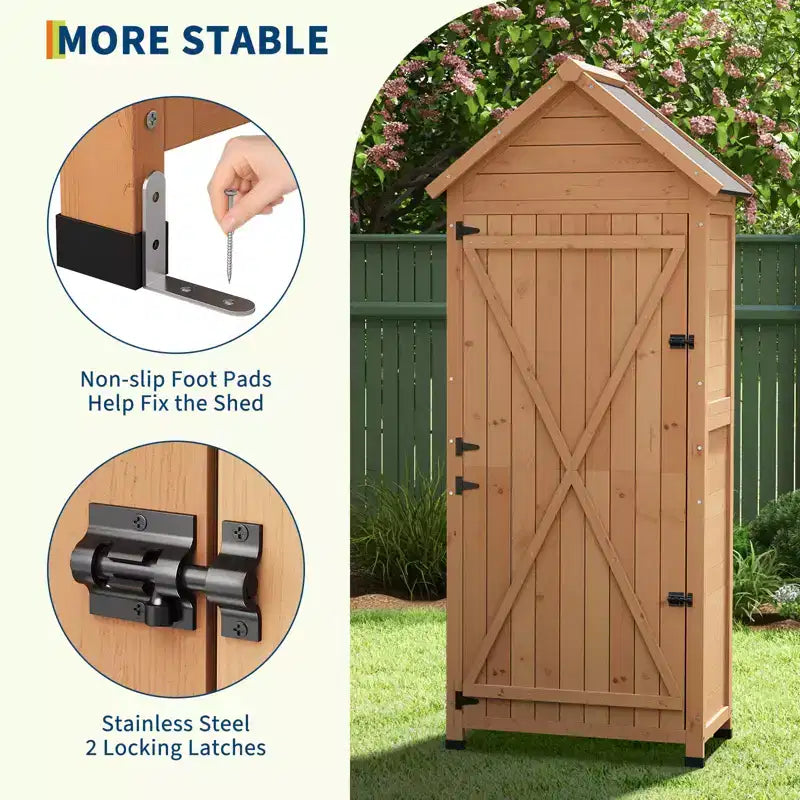 Armoire à outils d'extérieur en bois imperméable, avec portes doubles verrouillables, 3 étagères réglables et toit incliné – Rangement peu encombrant pour terrasse, cour ou pelouse