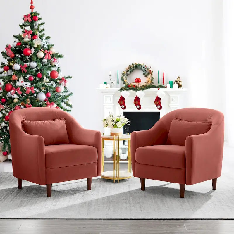 28.34W Lot de 2 fauteuils d'appoint, fauteuil barillet en velours avec pieds en bois massif