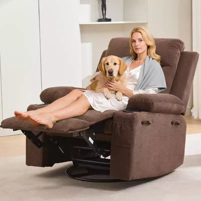 Fauteuil inclinable surdimensionné 360 pivotant et berçant avec massage et chaleur - Fauteuil de salon ergonomique avec porte-gobelets, poches latérales pour salon, chambre de bébé