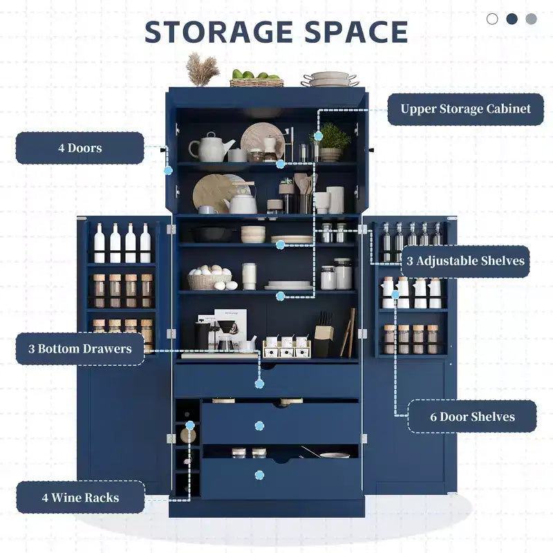 Garde-manger de cuisine autoportant 77H, armoire de rangement de style ferme avec étagères réglables, étagères de porte, tiroirs et casiers à vin - ModernLuxe