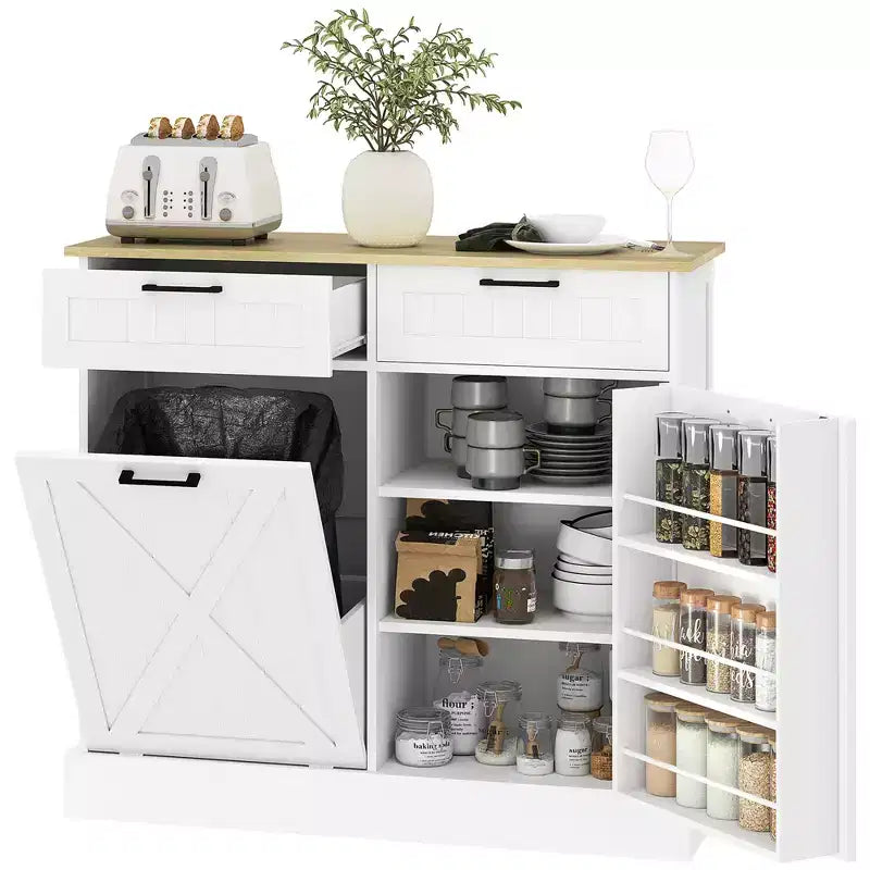 Meuble poubelle coulissant HOMCOM avec tiroirs, meuble de cuisine de style campagnard avec poubelle cachée pour la cuisine