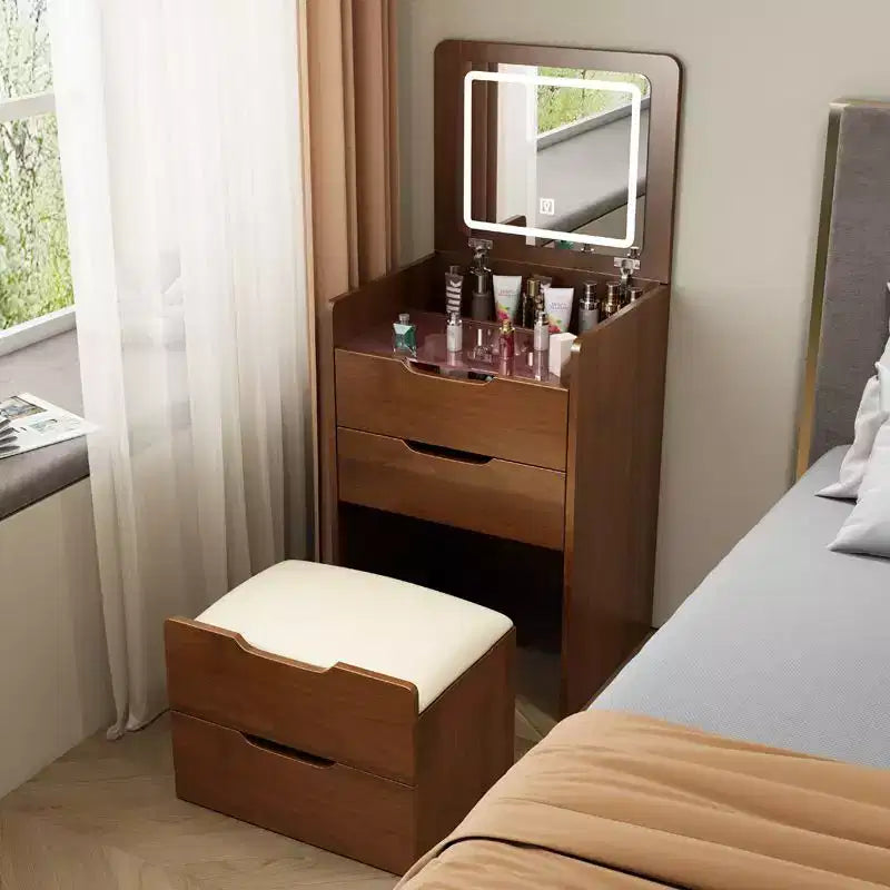 Coiffeuse 3-en-1 Okak avec miroir rabattable, coiffeuse compacte avec plateau en verre visible et tabouret rembourré, coiffeuse pour chambre à coucher