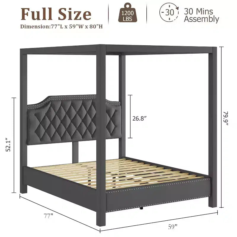 Cadre de lit à baldaquin Queen Size avec 4 poteaux, supports d'angle, sommier à lattes en bois massif, pas besoin de sommier tapissier, sans bruit