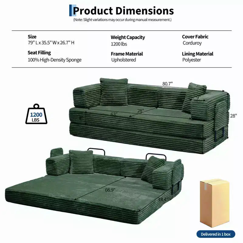 80,7 Canapé-lit convertible 5-en-1 – Corduroy, 1200 lbs, Aucun assemblage requis