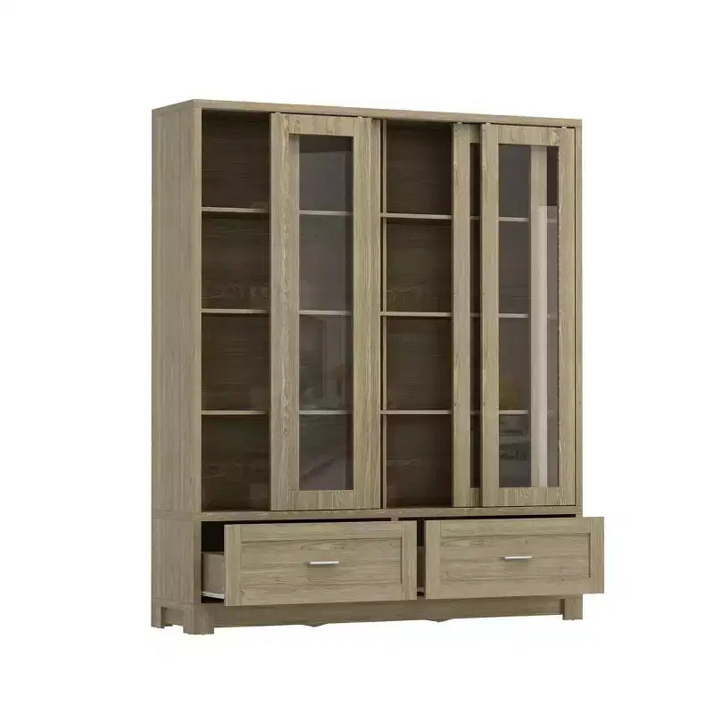Bibliothèque-vitrine Famapy Chêne Clair : 63cm de large, Portes Coulissantes en Verre + Tiroir de Rangement Organisateur Spacieux pour Bibliothèques à Domicile et Salons