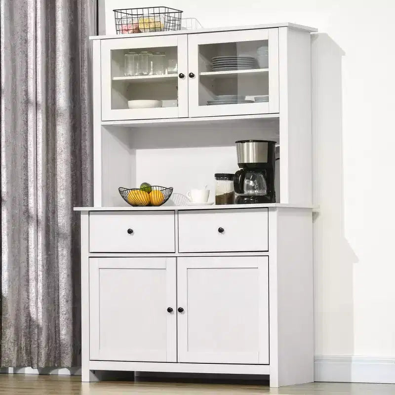 HOMCOM Buffet de cuisine 161 cm avec vaisselier, armoire de rangement avec 4 étagères, tiroirs, portes vitrées, comptoir ouvert pour micro-ondes
