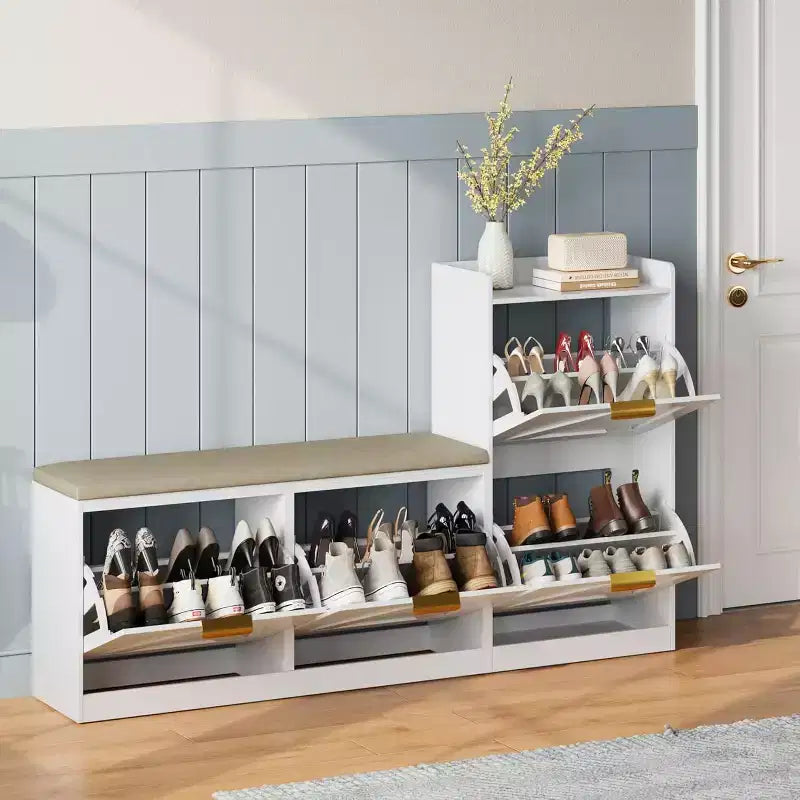 Meuble à chaussures avec banc et 4 tiroirs basculants – Organisateur d'entrée étroit pour 35 à 40 paires