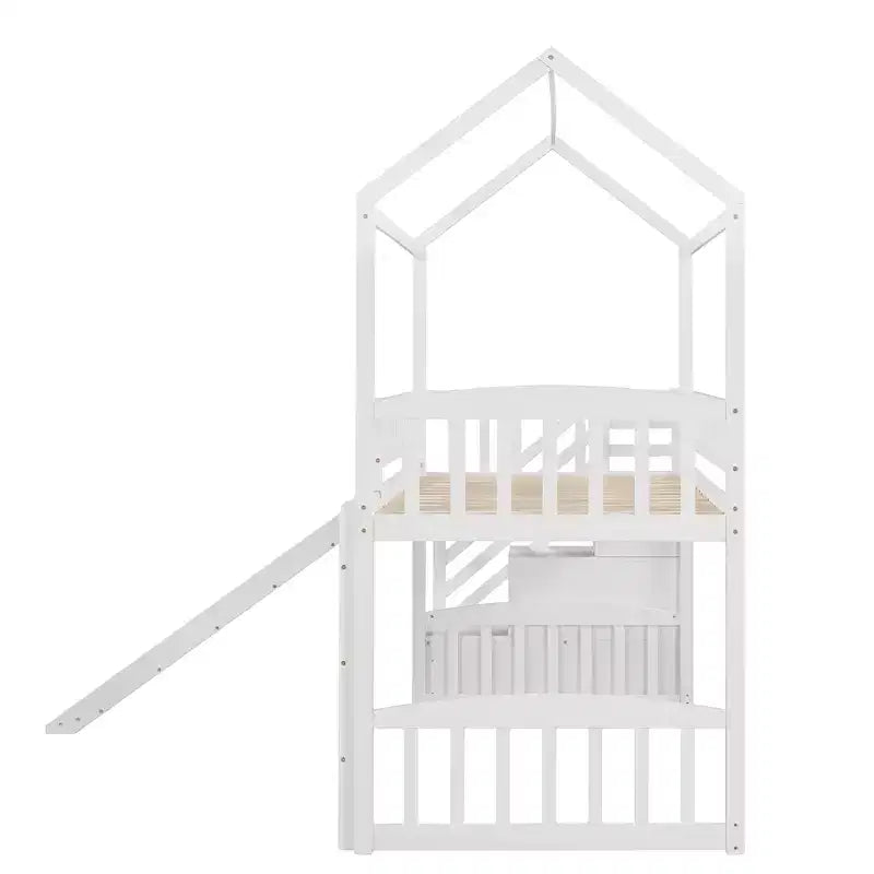 Lit mezzanine jumeau avec toboggan et escalier, lit mezzanine avec tiroirs de rangement, lit mezzanine cabane en bois pour enfants et tout-petits