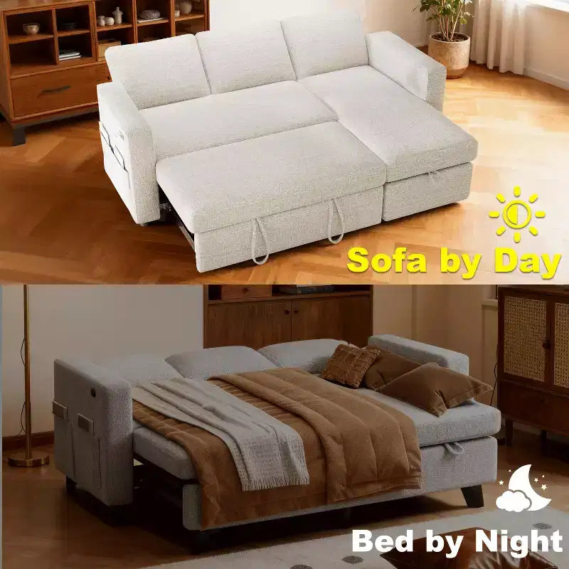 Canapé-lit sectionnel Dyonery 81, canapé-lit escamotable en forme de L avec méridienne de rangement réversible, USB, dossier inclinable