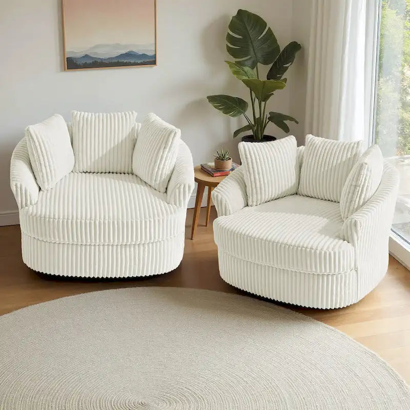 Lot de 2 fauteuils pivotants ronds surdimensionnés en velours côtelé moelleux de 43 po de large avec oreillers