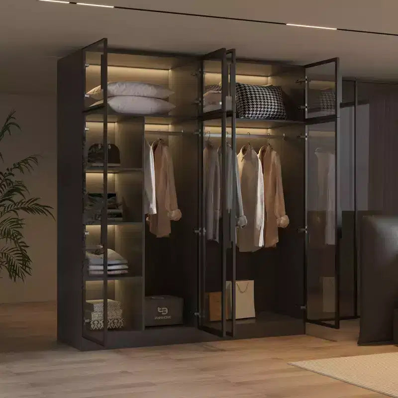 Armoire de luxe Hitow Pure Black avec portes en verre trempé, armoire LED 3 couleurs, organisateur de placard de chambre du sol au plafond, placard de dressing