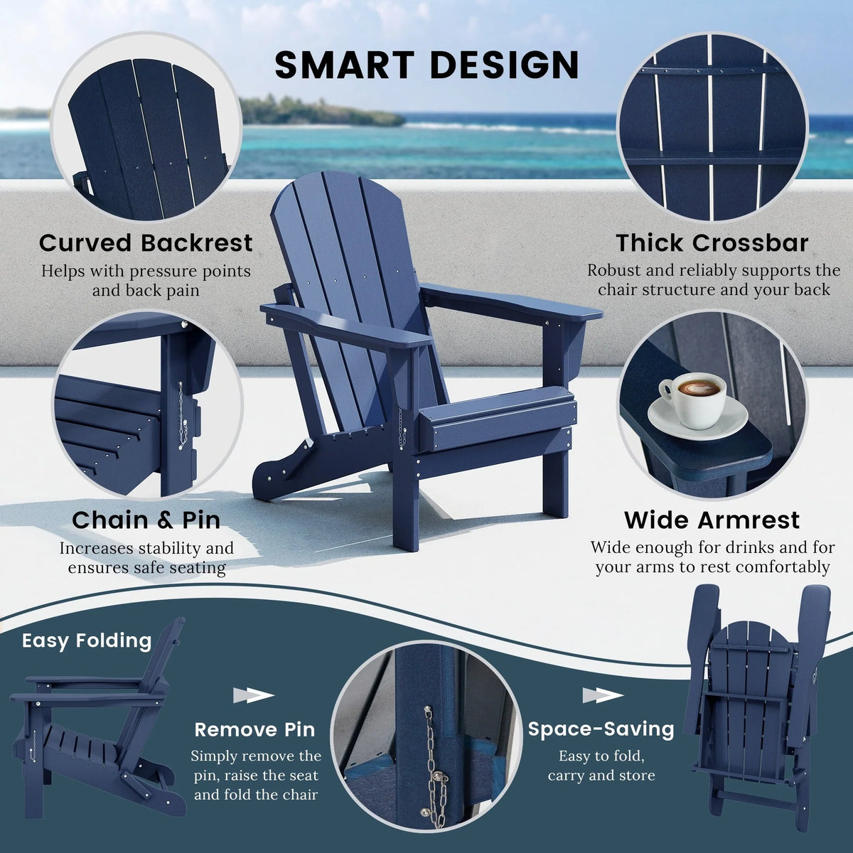 Chaise Adirondack pliante d'extérieur tout temps Polytrends Laguna résistante à la décoloration pour patio
