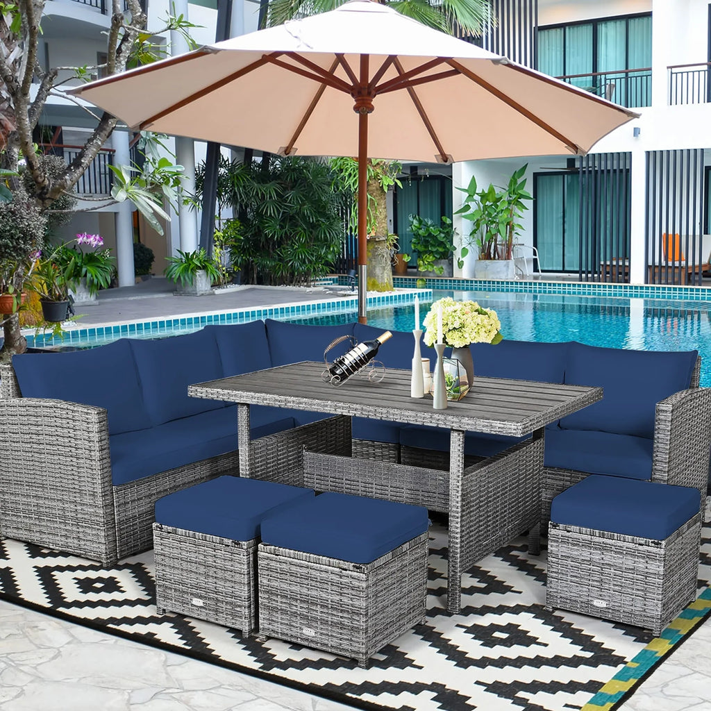 Ensemble de salle à manger Costway 7 pièces en rotin pour terrasse, canapé sectionnel et pouf - Voir détails