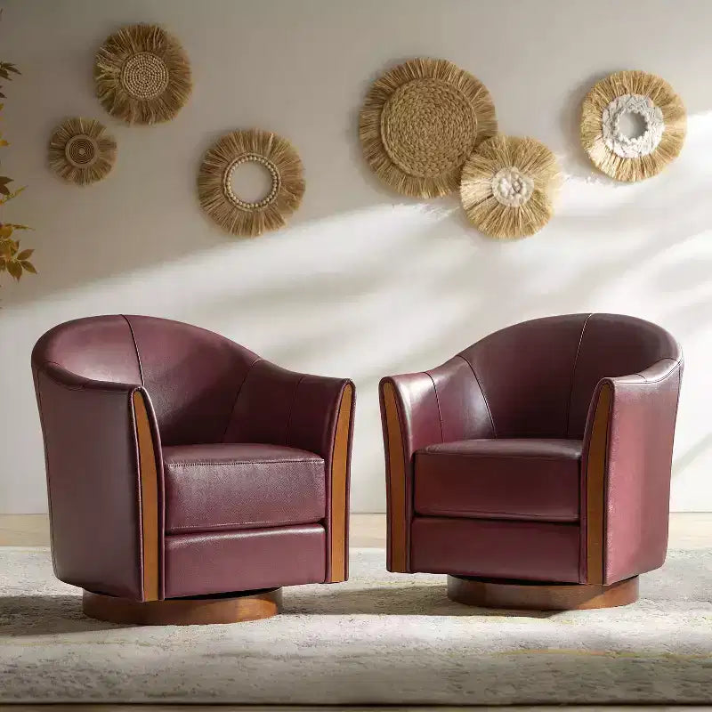 Fauteuil club pivotant en cuir véritable Pocono avec piétement en bois massif, lot de 2Artful Living Design