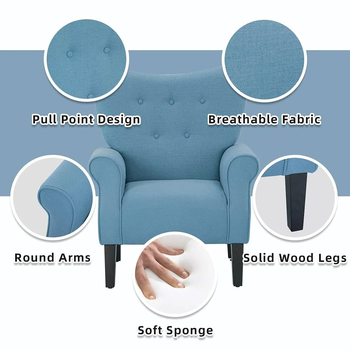 Fauteuil d'appoint moderne Erommy, fauteuil à dossier haut, canapé simple en tissu rembourré avec boutons et pieds en bois pour salon