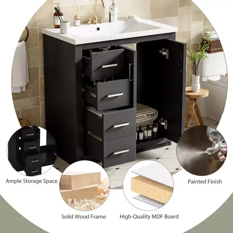 Meuble-lavabo de salle de bain 30 po avec armoire et 3 tiroirs – Noir / Bleu / Vert / Indigo / Blanc