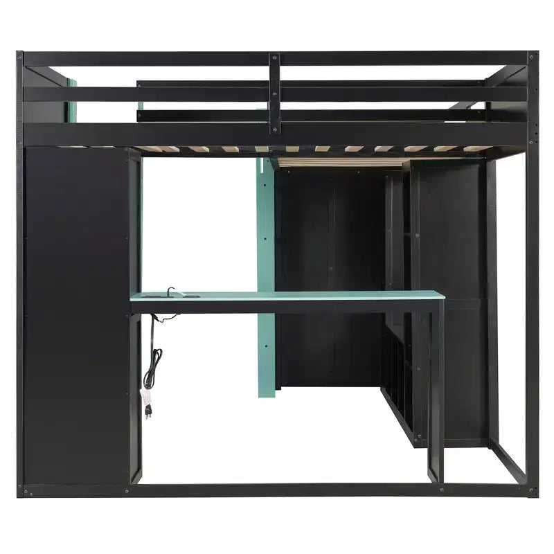 Lit mezzanine de jeu en L avec bureaux, lits superposés doubles avec lumières LED, ports USB, étagères de rangement, lit mezzanine d'angle en bois pour 2 personnes