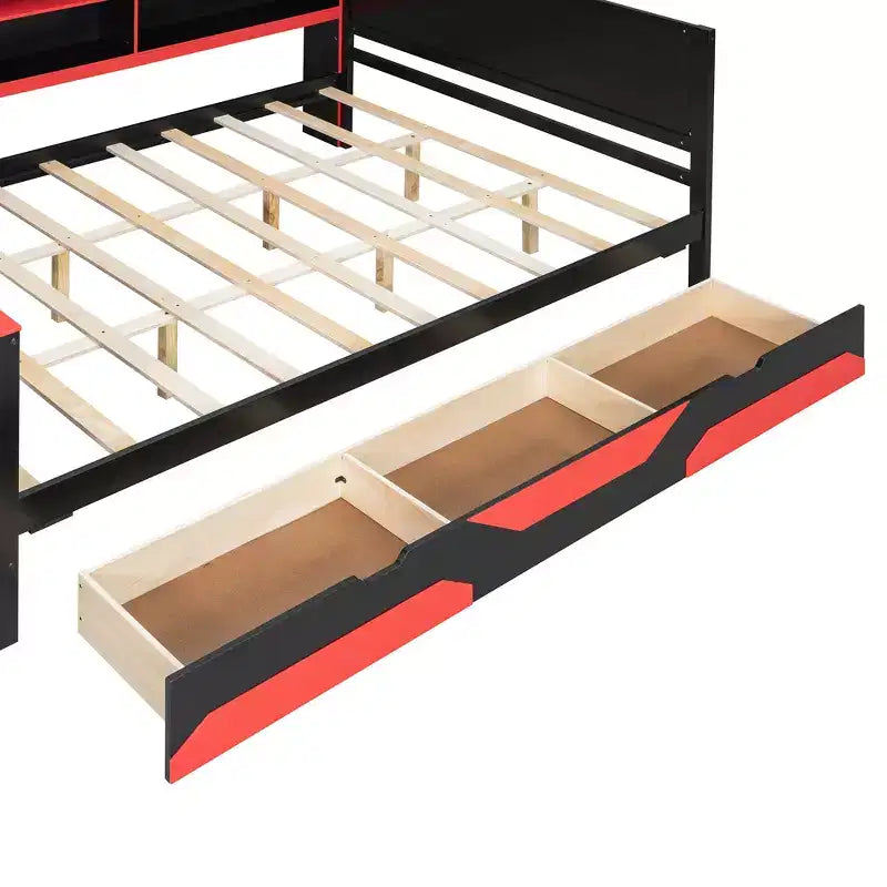 Lit de repos Gamer Hub avec bureau, lumières RGB, station de recharge, tiroirs de rangement et tête de lit bibliothèque