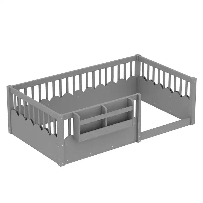 Lit d'enfant Bellemave avec clôture rehaussée et étagère, cadre de lit Montessori double en bois pour filles et garçons