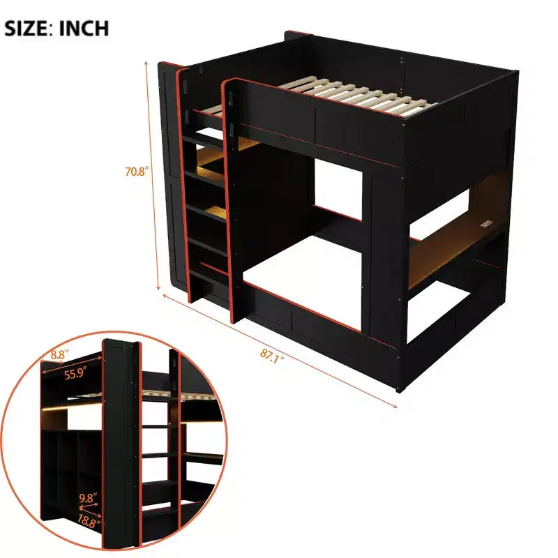 Lit superposé de jeu en bois pleine grandeur avec bureau intégré, étagères de rangement, lumières LED 7 couleurs et station de charge, noir - ModernLuxe