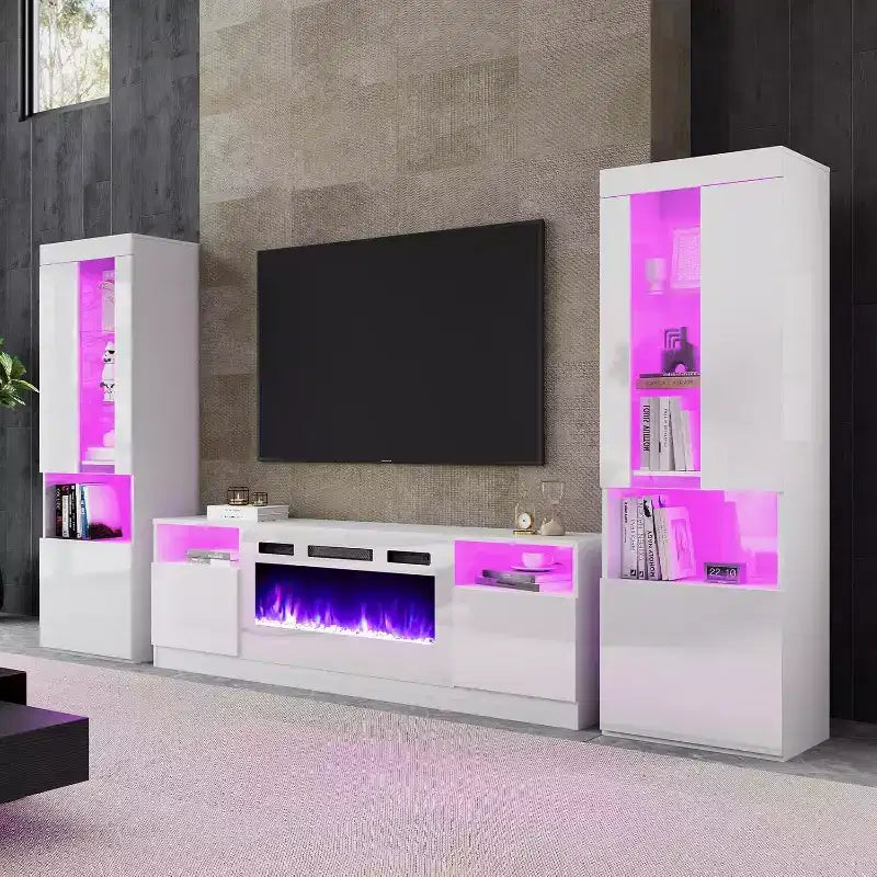 Meuble TV moderne laqué avec cheminée électrique intégrée AMERLIFE