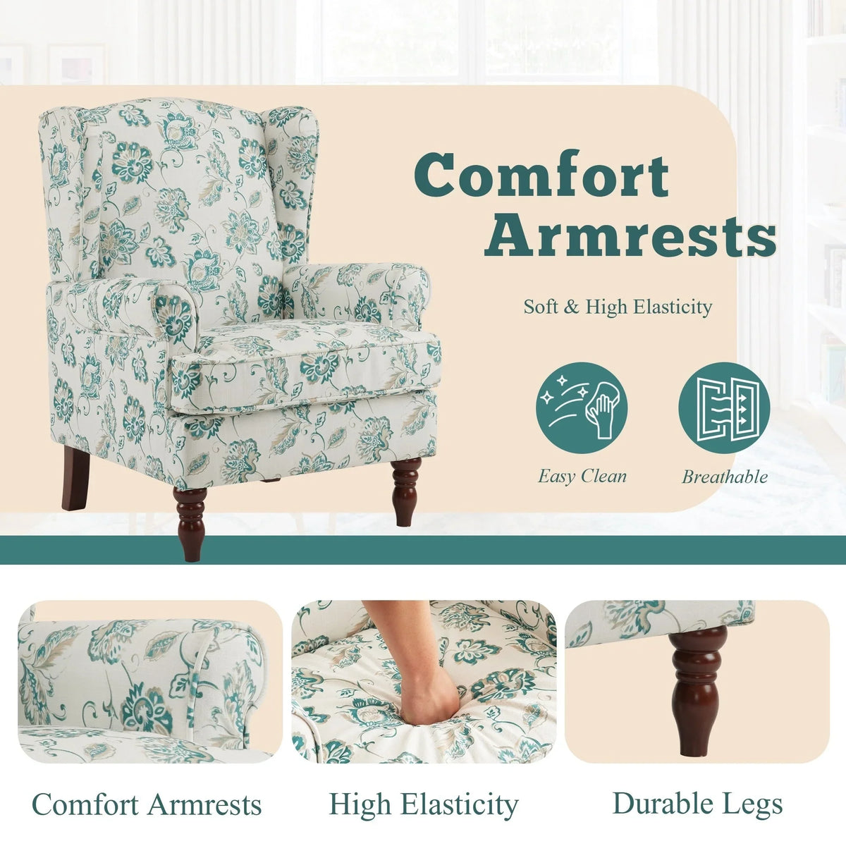 Fauteuil d'appoint moderne Erommy, fauteuil à dossier haut, canapé simple en tissu rembourré avec boutons et pieds en bois pour salon