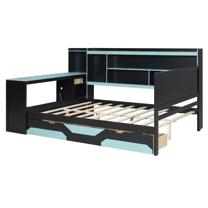 Lit de repos Gamer Hub avec bureau, lumières RGB, station de recharge, tiroirs de rangement et tête de lit bibliothèque