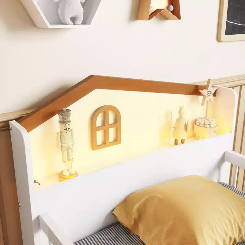 Lit mezzanine bas Whisen avec lumières LED, tête de lit en forme de maison et tiroirs de rangement, construction robuste
