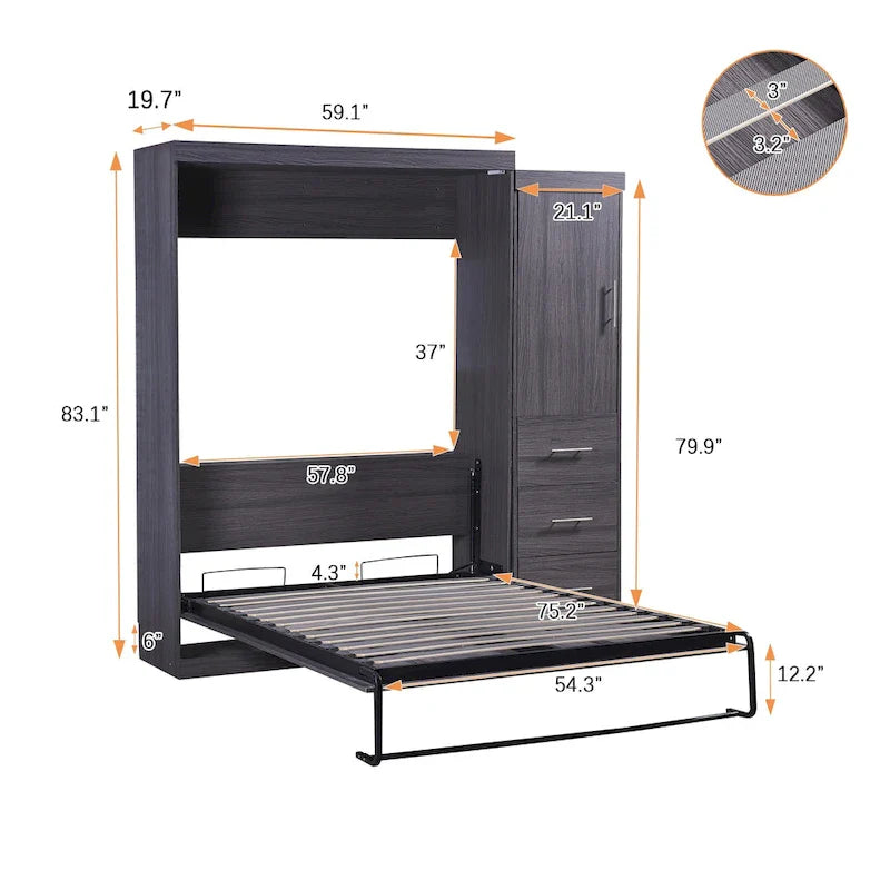 Lit escamotable gris avec armoire et 3 tiroirs, grand lit/lit simple, 1 personne