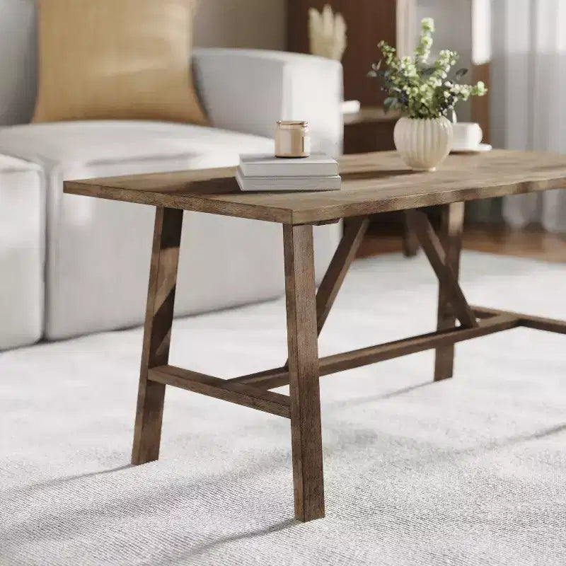 Table basse de ferme en bois massif, table d'appoint à piètement en X de style tréteaux