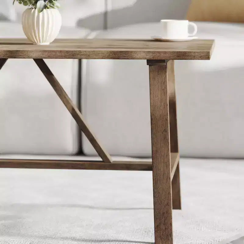 Table basse de ferme en bois massif, table d'appoint à piètement en X de style tréteaux