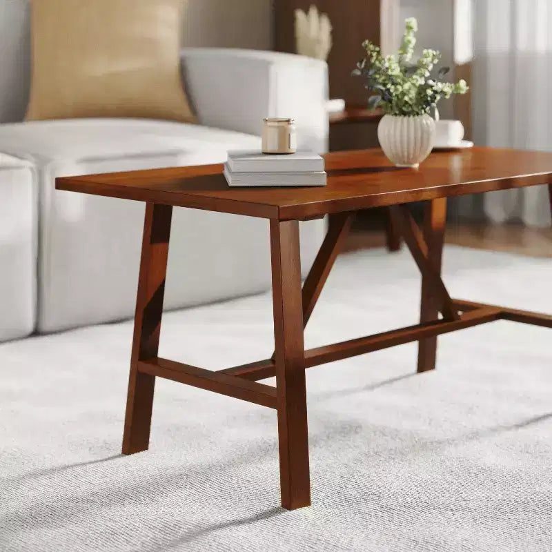 Table basse de ferme en bois massif, table d'appoint à piètement en X de style tréteaux