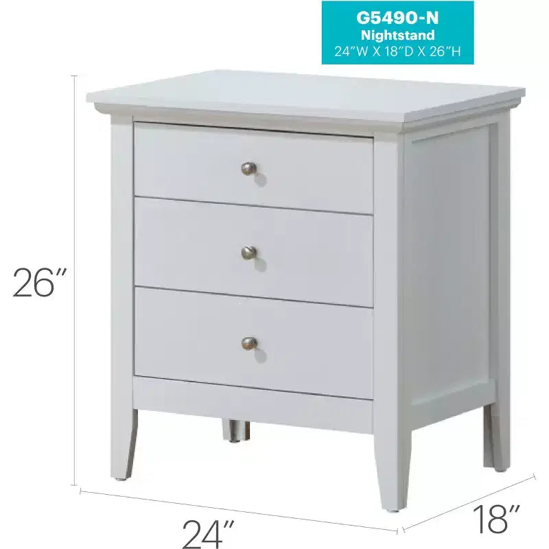 Table de chevet blanche à 3 tiroirs, 66 cm H x 61 cm L x 46 cm P