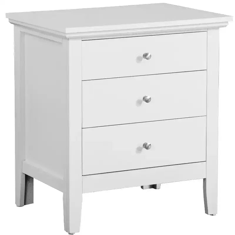 Table de chevet blanche à 3 tiroirs, 66 cm H x 61 cm L x 46 cm P