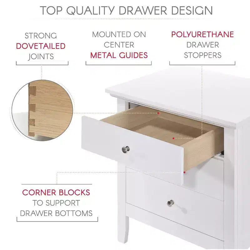 Table de chevet blanche à 3 tiroirs, 66 cm H x 61 cm L x 46 cm P