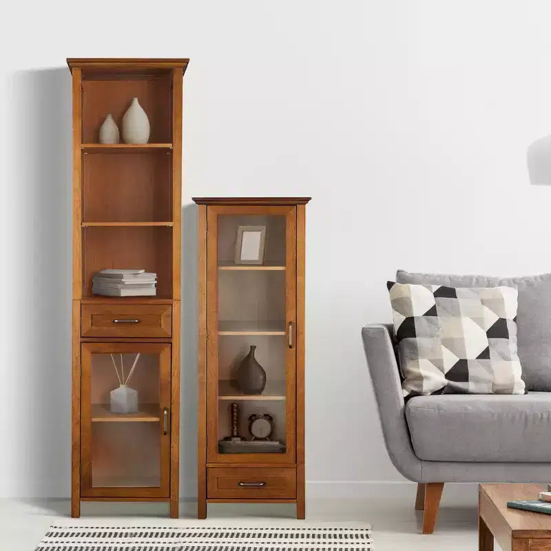 Armoire à linge sur pied avec portes vitrées, tiroir et étagères, chêne huilé